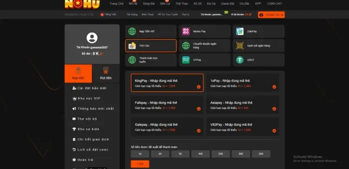 Top 5 nhà cái cho nạp thẻ cào không tính phí 2024